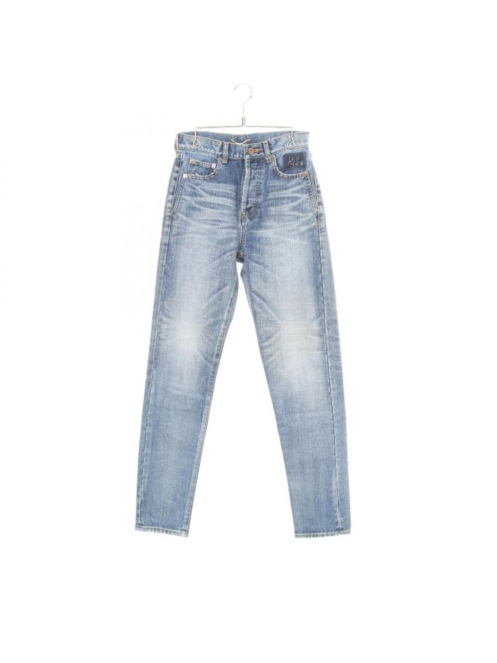 Saint Laurent Paris Denim Pants Logo Embroidery Distressed Button Fly Cotton
